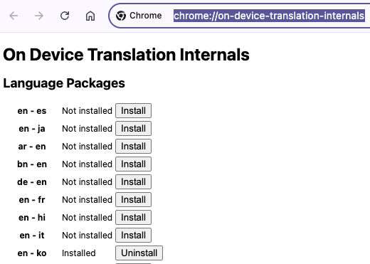 Chrome 온디바이스 번역 내부 페이지에서 언어 패키지를 관리하는 화면